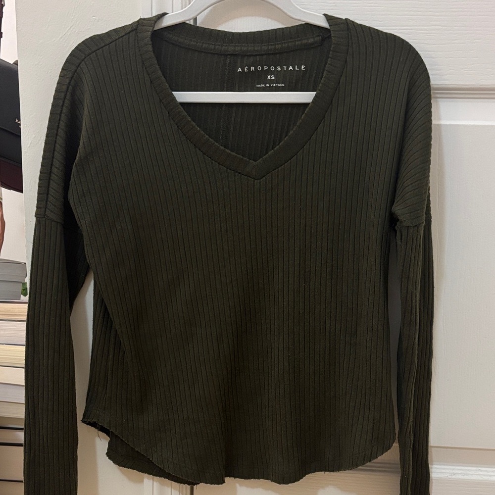 Aeropostale Women's Dark Green Ribbed Long Sleeve Top